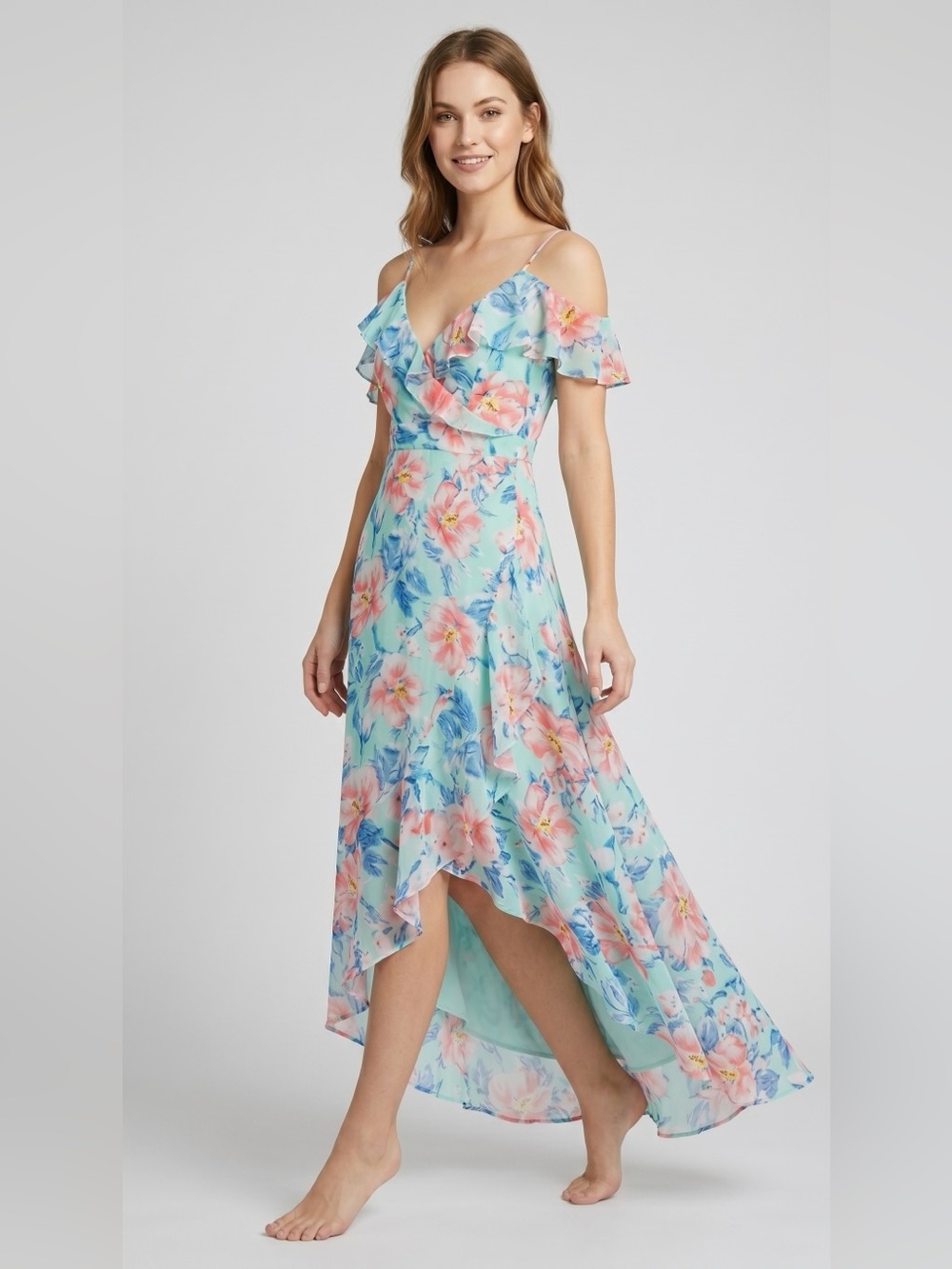 Floral High-Low Cold-Shoulder Maxi Dress in Mint and Pink